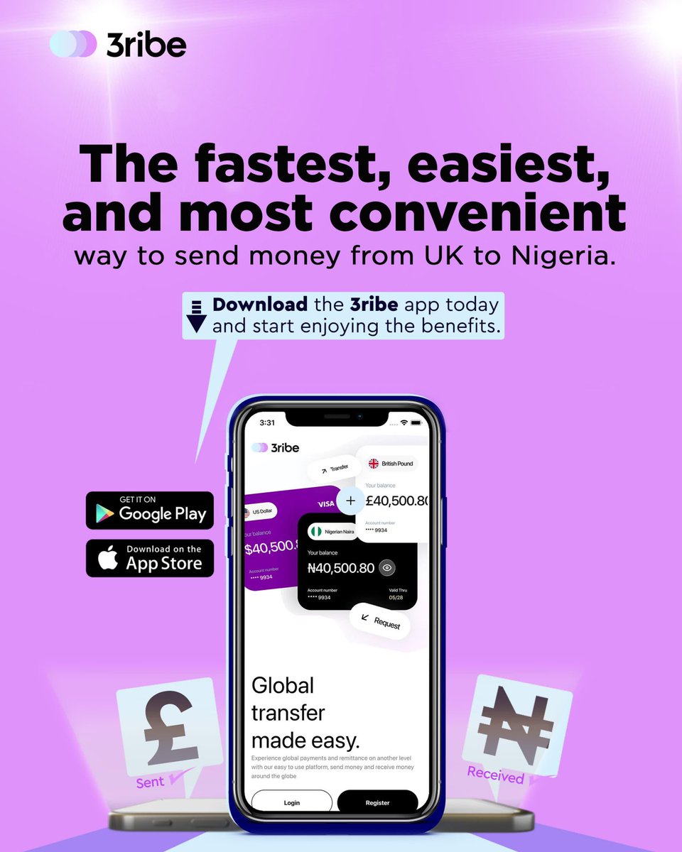 3ribe_io's tweet photo. INTRODUCING 3RIBE!!!!
The fastest, most secure, and most affordable way to send money from the UK ๐ฌ๐ง to Nigeria ๐ณ๐ฌ
Download the app via the link in our bio and start sending money with ease๐ฅ๐ฅ
#3ribe #3ribefinance #grantspayment #paymentservices #nigerianukcommunity https://t.co/qvzRB2ALeY
