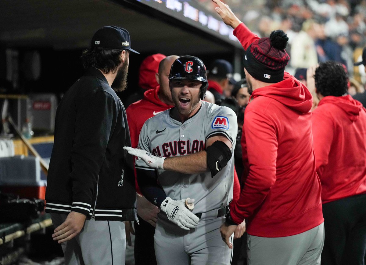 OptaSTATS's tweet image. In MLB history, only one player has hit a 2-out, 2-strike, go-ahead HR in the 7th inning or later twice in his postseason career.
That one player is the @CleGuardians' David Fry.
Both have come within the last 8 days in games he didn't start.