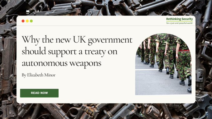 9. Lead on regulating new weaponised technologies

The UK should seek to avert costly &amp; destabilising arms races &amp; get ahead of the risks inherent in such next gen military tech as cyber, AI, AWS, space-based, &amp; bio weapons by promoting their effective, multilateral regulation.