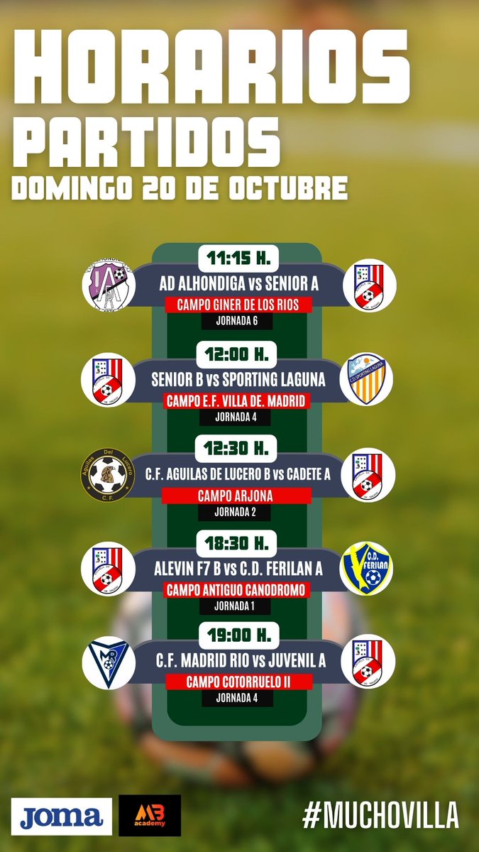 Horarios de los partidos del próximo fin de semana (18-20 de Octubre) ¡Os esperamos! #MuchoVilla 🔴