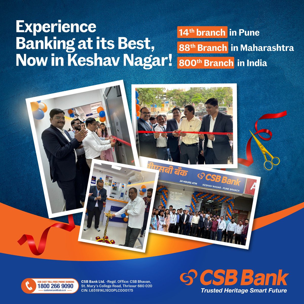 CSBBankLtd's tweet image. Exciting News! 
We are thrilled to announce the grand opening of our new branch in Keshav Nagar, Pune! 
This marks our 14th branch in Pune City, 88th branch in Maharashtra, and the 800th branch in India!  #NewBranch #GrandOpening #KeshavNagar #CSBBank #Pune