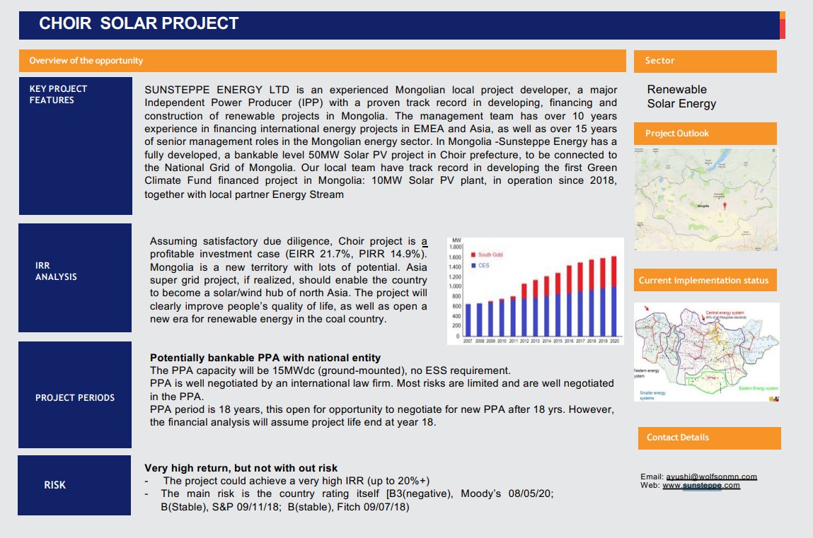 #MATD 
More information about Sunsteppe projects.
Choir project: IRR up to 20%+ IRR, 18yrs
This is the project for which there have been recent job postings
Battery storage project: 25yrs, scalable

japan.investmongolia.gov.mn/download/PITCH…