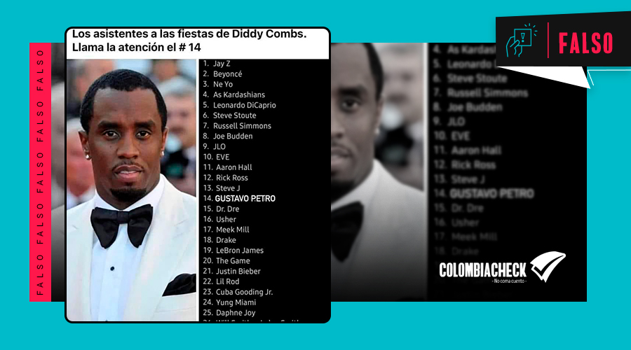 Circula una imagen #falsa que incluye a <a href="/petrogustavo/">Gustavo Petro</a> en una lista de asistentes a fiestas de 'Diddy' Combs, acusado de delitos sexuales. La lista es un montaje, ha sido alterada con nombres de políticos en varios países. Vea el #chequeo aquí: acortar.link/DCGLOq