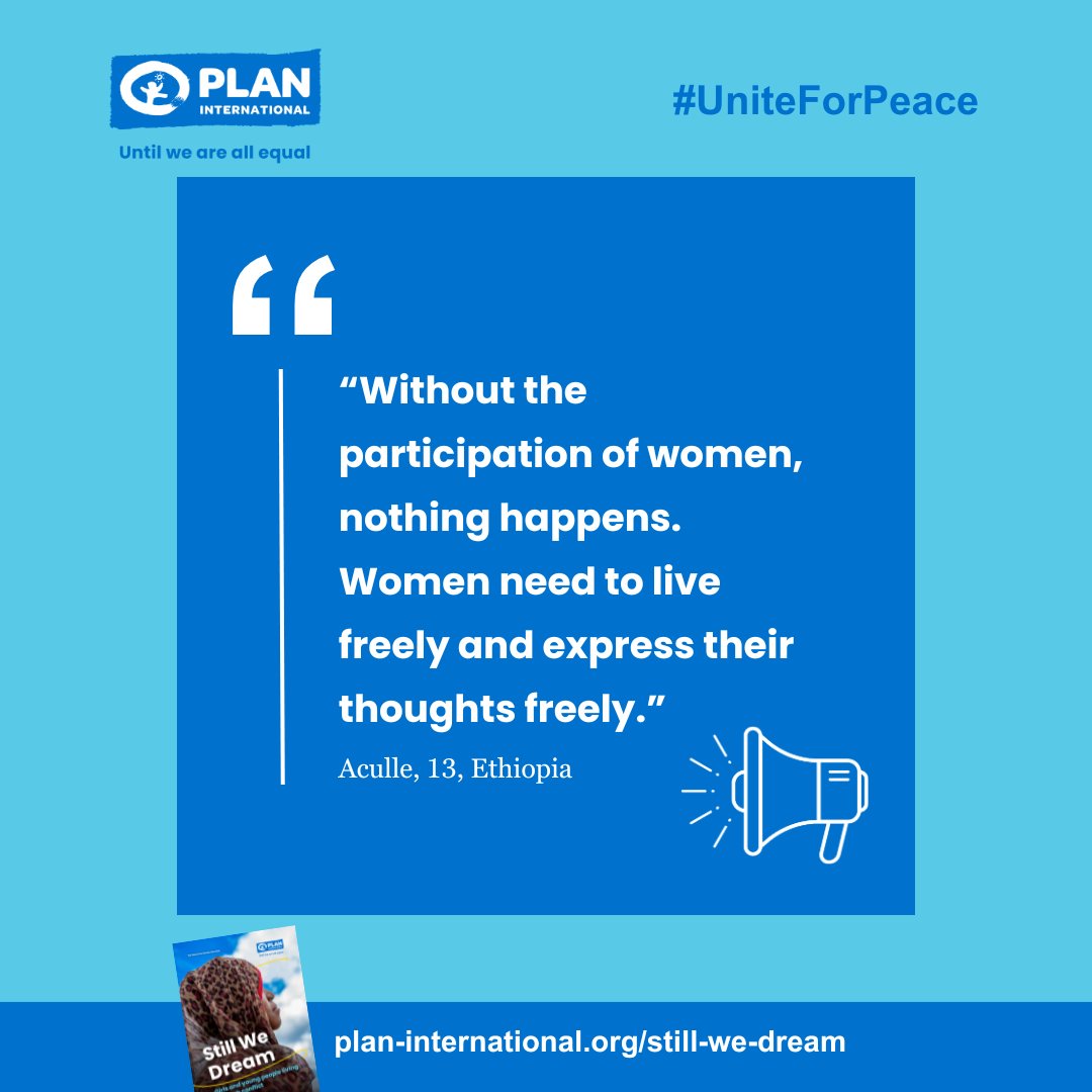 PlanGlobal's tweet photo. Conflict can deepen and worsen gender inequality. Girls and young women report higher levels of emotional distress and are more likely to feel unsafe because of relentless violence. We’re standing with girls as they call on decision-makers to take immediate action to protect girls in conflict #UniteForPeace #UntilWeAreAllEqual.