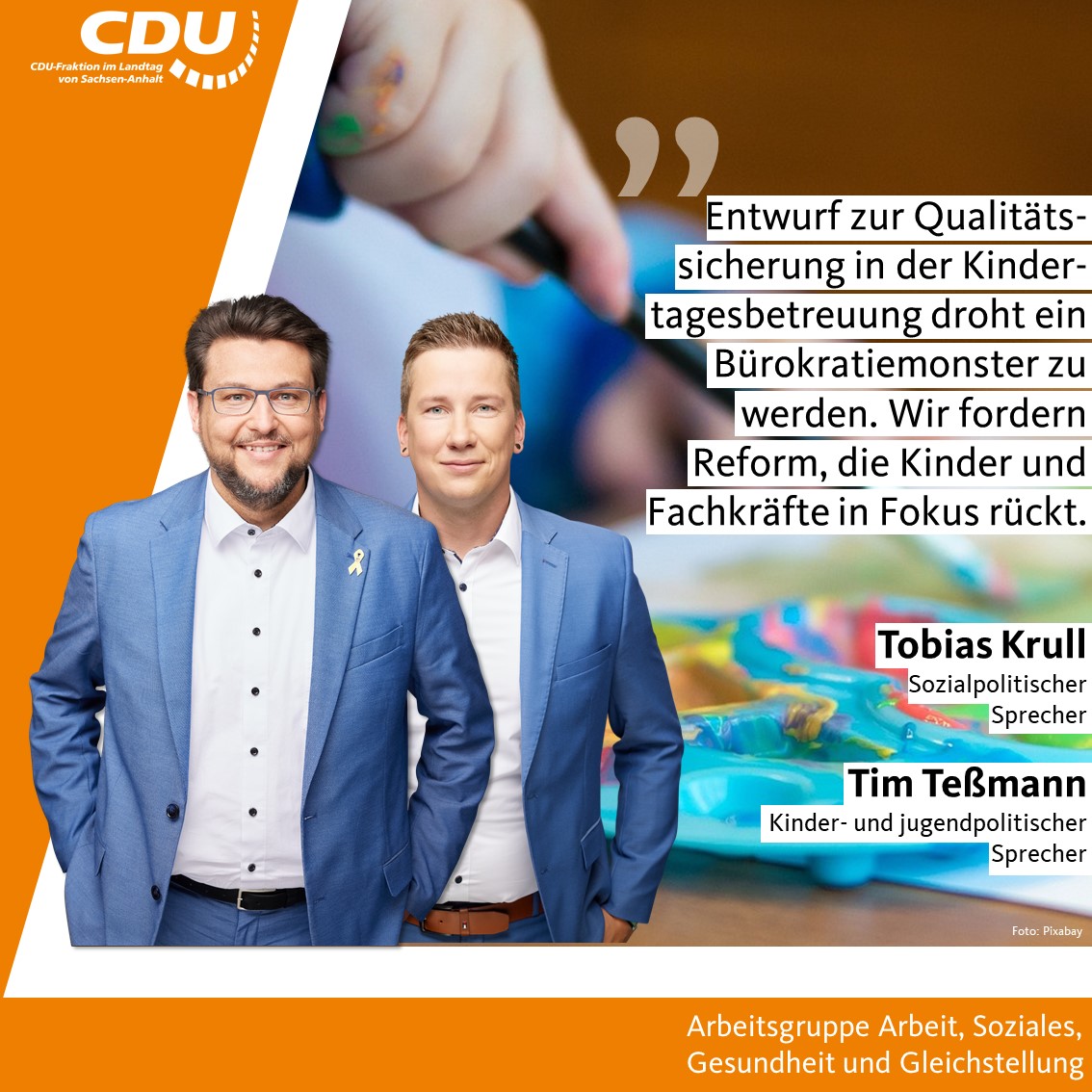 CDU-Fraktion LSA (@cdufraktion_lsa) on Twitter photo Die Sozialpolitiker Tobias Krull und <a href="/tessmann_tim/">Tim Teßmann</a> kritisieren den aktuellen Entwurf des Gesetzes zur Sicherstellung der Qualität in der #Kindertagesbetreuung und sehen weiteren Beratungsbedarf, insb. bei der Ausgestaltung der #Geschwisterkindregelung. PM: cdufraktion.de/2024/krull-tes… Die Sozialpolitiker Tobias Krull und <a href="/tessmann_tim/">Tim Teßmann</a> kritisieren den aktuellen Entwurf des Gesetzes zur Sicherstellung der Qualität in der #Kindertagesbetreuung und sehen weiteren Beratungsbedarf, insb. bei der Ausgestaltung der #Geschwisterkindregelung. PM: cdufraktion.de/2024/krull-tes…