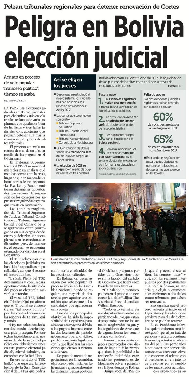 bereaguilarv's tweet image. Pero en México la elección por voto popular será un exitazo. Ajá 

Fracaso total de la elección de jueces por voto popular en Bolivia. 

Acusan manoseo político 
  
Los ciudadanos no conocen a los cientos de aspirantes que aparecen en las boletas.

Un 65% prefiere anular su voto.