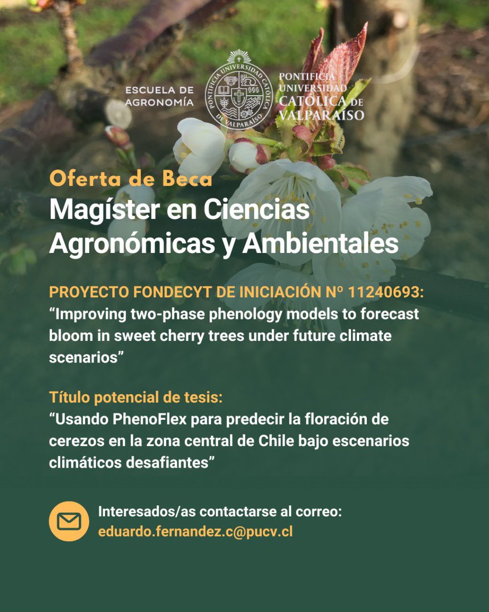 ¿Interesado/a en el Magíster en Ciencias Agronómicas y Ambientales PUCV? ¡Esta es tu oportunidad! 

🔎Tesis: "Usando PhenoFlex para predecir la floración de cerezos bajo escenarios climáticos desafiantes"  
📚Proyecto FONDECYT Nº 11240693

Escribe a: eduardo.fernandez.c@pucv.cl
