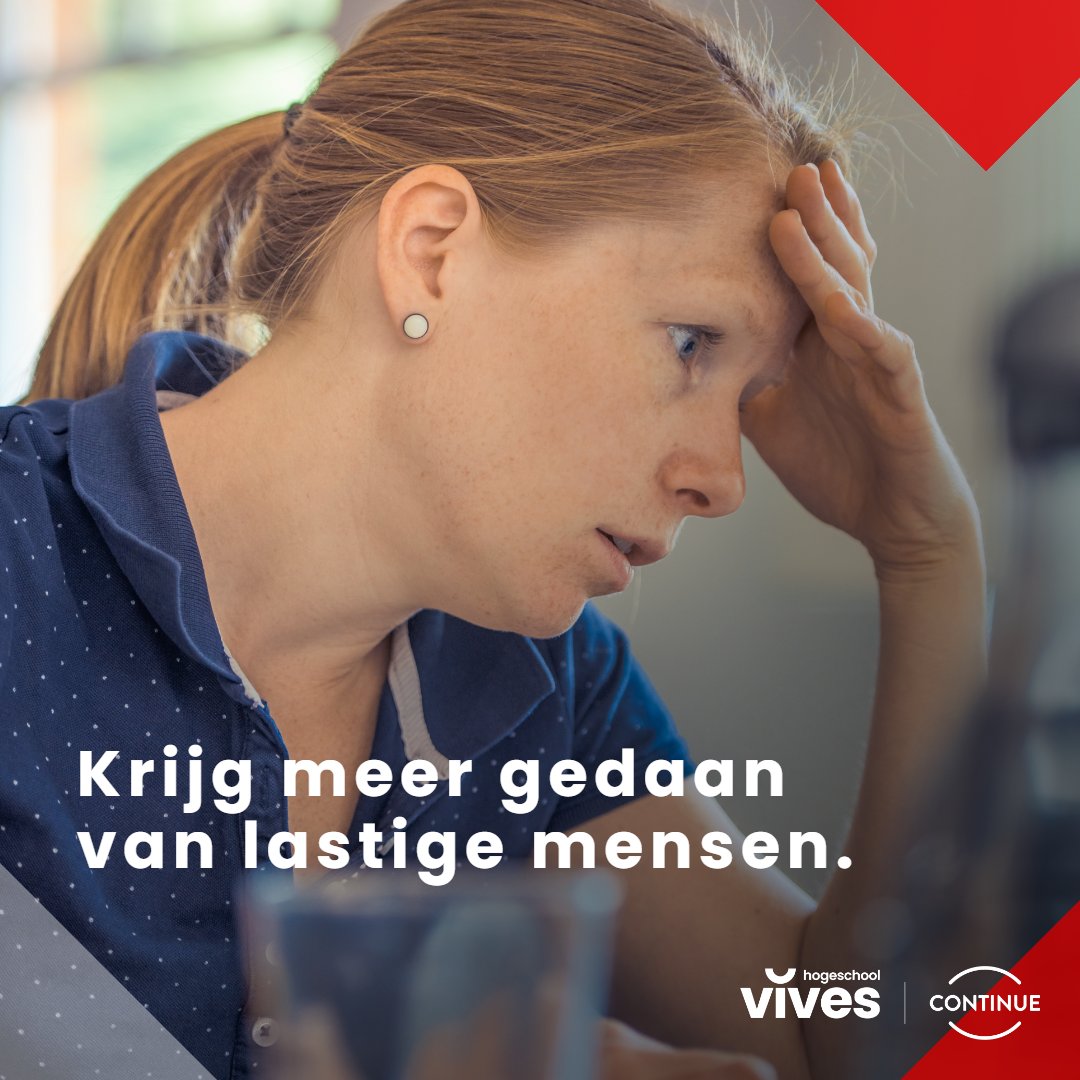 In elke context ontmoet je soms  mensen waarmee het niet klikt. Je ervaart deze mensen als 'lastig': een lastige patiënt, een lastige klant, een lastige collega, een lastige baas, een lastige student … Hoe pak je dit aan?
Training via continue.vives.be/nl/opleidingen…. Schrijf je nu in.