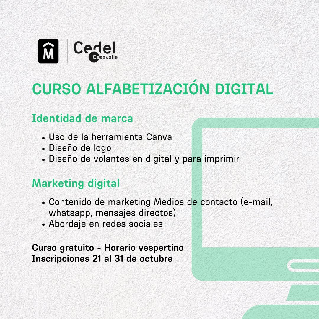 CEDELCV's tweet photo. Abren inscripciones para curso gratuito de Alfabetización digital👇🏼

Si sos un emprendimiento que busca potenciar su identidad de marca y quiere obtener herramientas de marketing digital está capacitación es para vos!😄

Por más información al 1950 9579 con el Área social 💚 https://t.co/qQpX5wOVJ7
