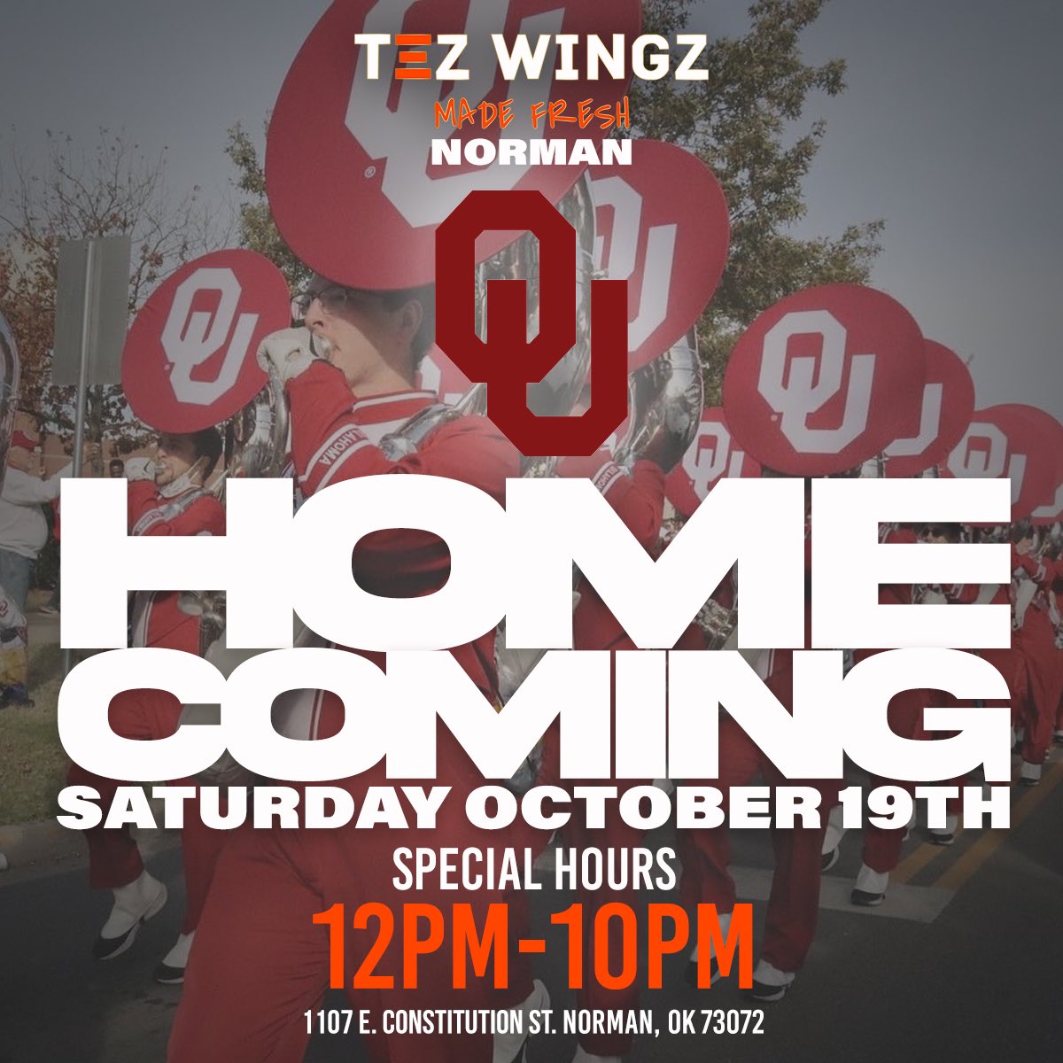 TezWingz's tweet photo. Norman:::: We will be open at 12pm Saturday October 19th. Enjoy Homecoming with some Tez Wingz! #TezWingz https://t.co/QmMZ2pzpOR
