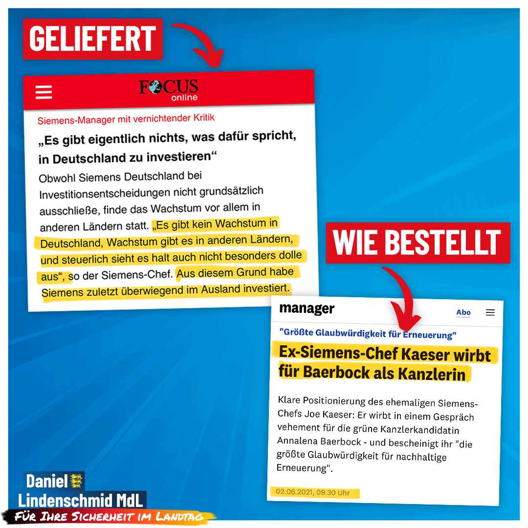 Der ehemalige Chef von #Siemens, Joe Kaeser, hat 2021 eine Bestellung aufgegeben - und die #Grünen haben "geliefert". 😉 Ob er nach drei Jahren #Ampel-Chaos heute eine andere Wahlempfehlung aussprechen würde?