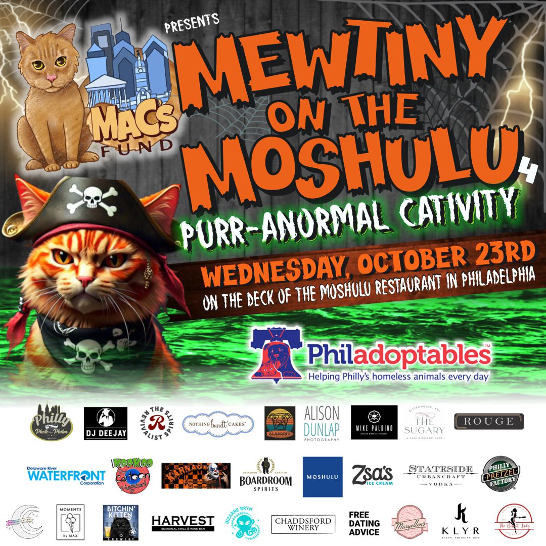 Save cats, have fun!  Get your tickets eventbrite.com/e/macs-funds-m… for great food from @moshuluphilly, delicious desserts from <a href="/the_sugary/">VP</a>, and @maryellencakepops, amazing cocktails from <a href="/statesidevodka/">Stateside Vodka</a>, and @alladinsbeachbrew, entertainment galore, raffles, silent auction and more!