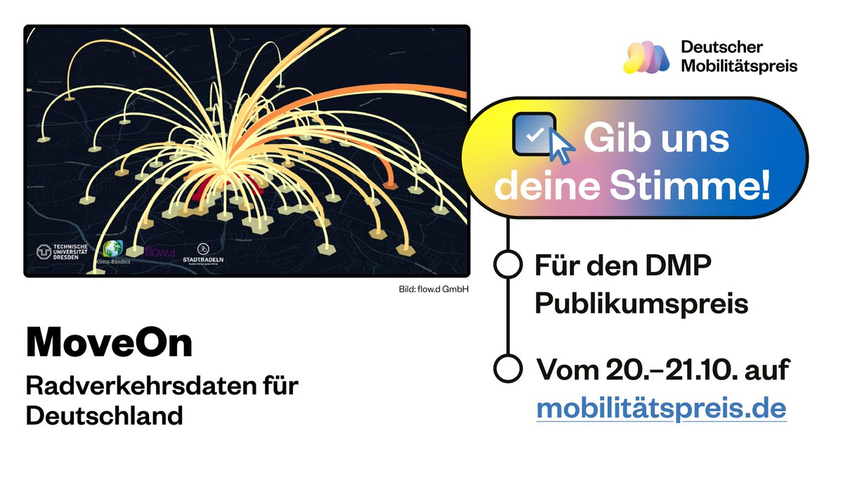 STADTRADELN (@stadtradeln) on Twitter photo Am 21.10. wird der Deutsche Mobilitätspreis verliehen – und wir sind nominiert! 🤩
Noch bis morgen 12:15 könnt ihr über den Publikumspreis des #DMP abstimmen.
Unsere Empfehlung: Unser Projekt MoveOn – für kostenlose Radverkehrsdaten für Kommunen.
mobilitaetspreis.de
Danke 💚 Am 21.10. wird der Deutsche Mobilitätspreis verliehen – und wir sind nominiert! 🤩
Noch bis morgen 12:15 könnt ihr über den Publikumspreis des #DMP abstimmen.
Unsere Empfehlung: Unser Projekt MoveOn – für kostenlose Radverkehrsdaten für Kommunen.
mobilitaetspreis.de
Danke 💚