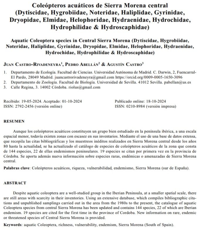 Nuevo artículo en el Boletín de la AeE:

Coleópteros acuáticos de Sierra Morena central (Dytiscidae, Hygrobiidae, Noteridae, Haliplidae, Gyrinidae, Dryopidae, Elmidae, Helophoridae, Hydraenidae, Hydrochidae, Hydrophilidae &amp; Hydroscaphidae)

Descarga en: entomologica.es/publicaciones-…