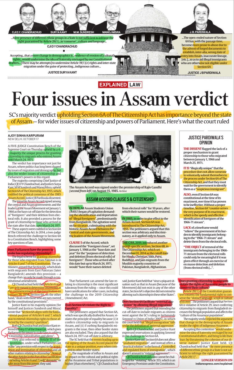 MPPSCSSE's tweet photo. 🔰#AssamAccord #CitizenshipAct
📰 ‘𝐅𝐨𝐮𝐫 𝐢𝐬𝐬𝐮𝐞𝐬 𝐢𝐧 𝐀𝐬𝐬𝐚𝐦 𝐯𝐞𝐫𝐝𝐢𝐜𝐭’
#SupremeCourt majority verdict upholds #Section6A of #CitizenshipAct ,its impact,#Parliament power to regulate #citizenship, Illegal #Migration.
📰 Section 6A of Assam Accord, Citizenship Act, Citizenship article 6, 7, Article 19(1)(e), Entry17 of Union List etc etc
More info ⬇️ #UPSC
🔅Details by @AKarpuram