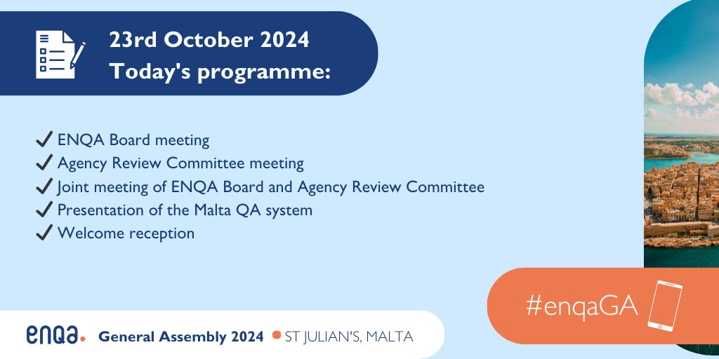 ENQAtwt's tweet photo. Bonġu, St. Julian's 🇲🇹! The ENQA General Assembly 2024 is officially on!  

On today's agenda:  
✔️ Meetings of ENQA Board and ARC 
✔️ Presentation of the Maltese QA system
✔️ Welcome reception 

 Safe trip to all #enqaGA participants arriving today!

 #HigherEd #ehea https://t.co/wuNtbstdk3