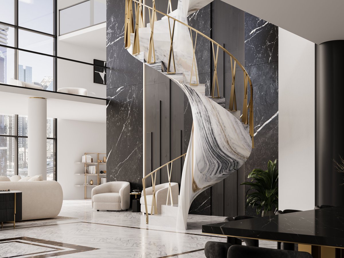 The new Siller Stairs line includes unique spiral staircases made of a 50-ton natural stone, designed in collaboration with Laasa Marmo and suitable for palaces and mega villas thanks to their artistic design.
Indoor stairs - Siller Stairs UK