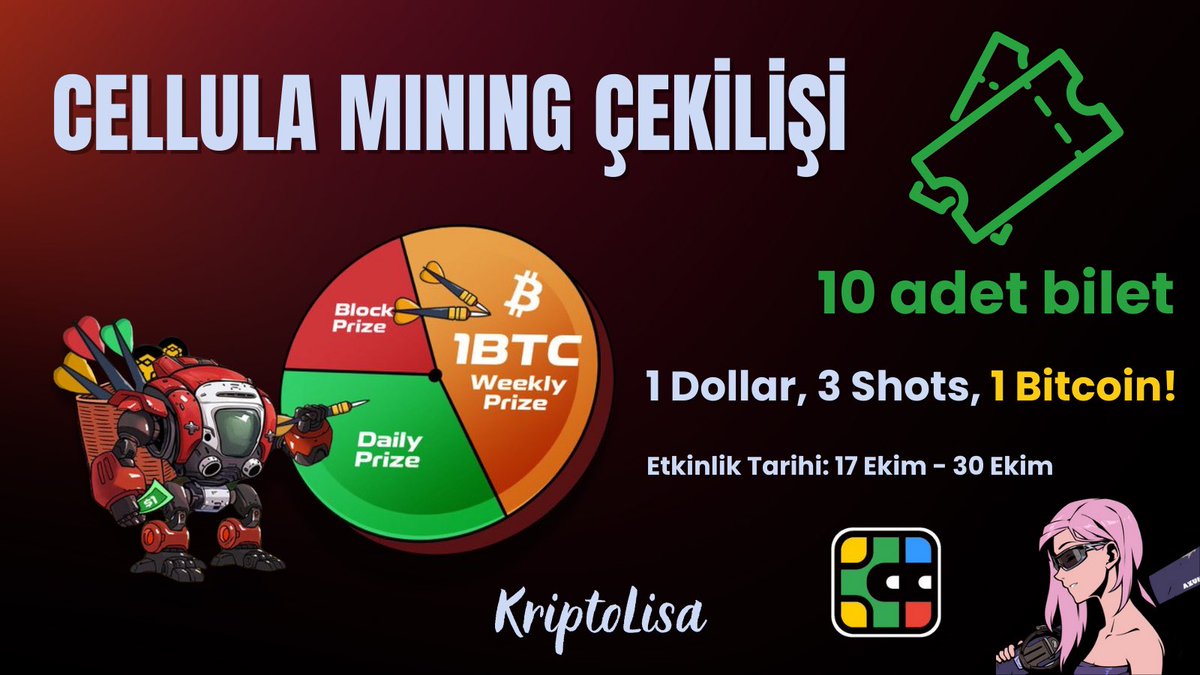 Tostlar selamlar, çekiliş var👇🏻

<a href="/cellulalifegame/">Cellula</a>, Cellula Mining Çekilişi başlattı.

Bende sizlere 1 BTC’ye kadar kazanma fırsatınızın olduğu bu biletlerden 10 tane dağıtacağım.

Çekilişe katılmak için:

✅<a href="/KriptoLisa/">KriptoLisa</a> ve <a href="/cellulalifegame/">Cellula</a>'i takip et, like &amp; RT yap.

Etkinlik 17