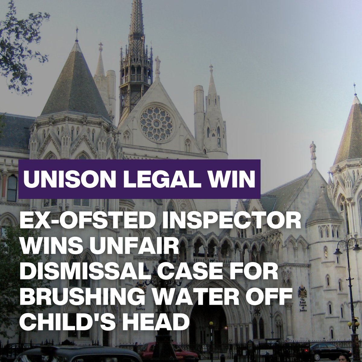 Ex-Ofsted inspector was unfairly dismissed when sacked for brushing water off a child’s head, the Court of Appeal has found.

UNISON, representing the former inspector, said Ofsted was wrong to waste public funds pursuing the case through the courts.
unison.org.uk/news/2024/10/f…
