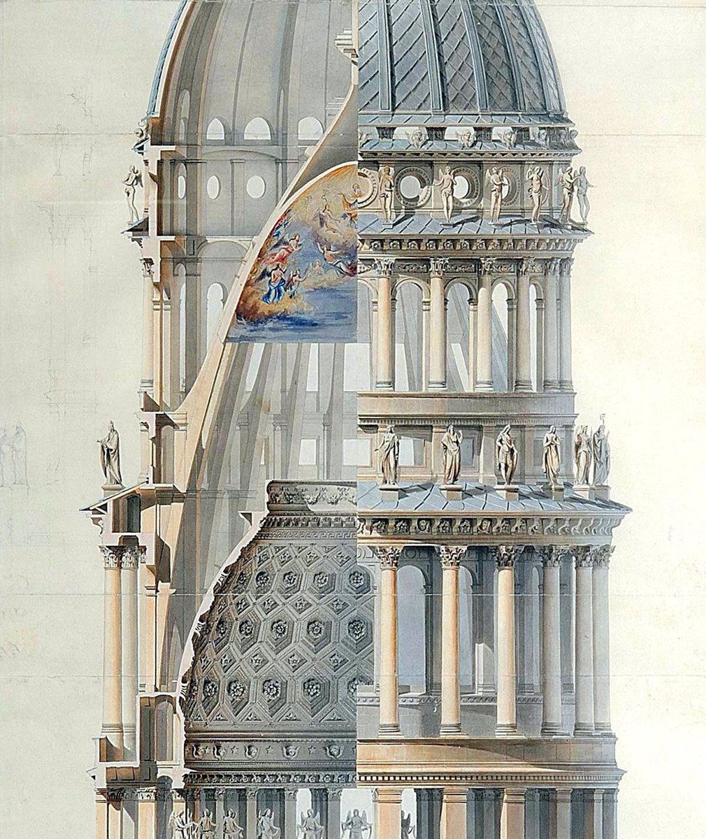 kohantoys's tweet photo. Llama la atención obviamente la cúpula parabólica pintada con motivos celestiales. 
La idea de Antonelli era que desde el interior se percibiera como un portal, un óculo que conectara al interior de la iglesia con el reino de los cielos. https://t.co/1NGz24dQBK