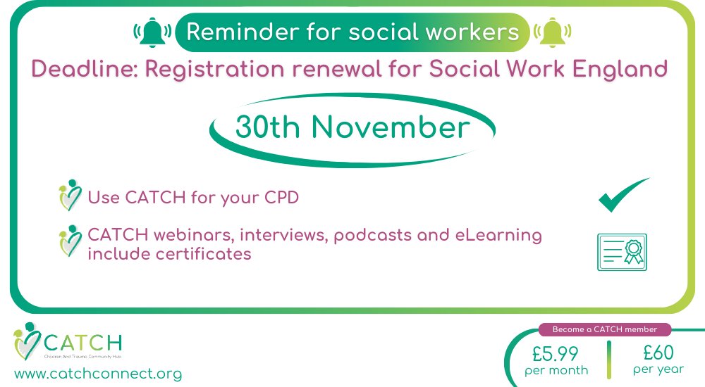 CATCHconnectUK's tweet photo. The deadline for social workers to renew your Social Work England registration is 30th November.

Use CATCH webinars, interviews, podcasts and eLearning courses for your CPD and certificates are available to evidence your learning.

Log in or join at https://t.co/HtOslAcLAC
🧵1/3 https://t.co/42XppGXzig