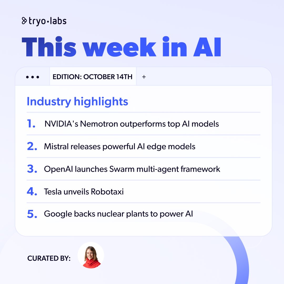 tryolabs's tweet photo. Discover this week's top AI breakthroughs!

Showcasing an extraordinary week of innovation, these are our handpicked AI news! 🚀

#ThisWeekInAIbyTryolabs
📆 2024 | Edition: October 14th https://t.co/jBNZVQeHW1