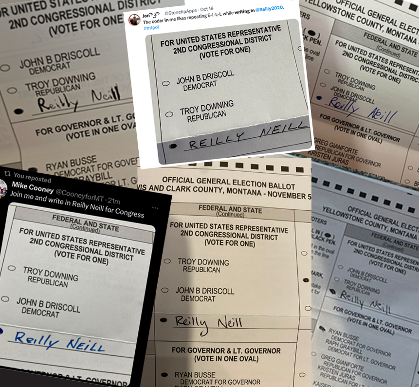 RepRNeill's tweet photo. Voters across Eastern #Montana are making their voices heard on the ballot when they #WriteInReilly for U.S. House! Across the district, folks are standing up for the robust democracy they deserve! Write in Reilly Neill and let's get 'er done! #mtpol https://t.co/jK77mFiWsd