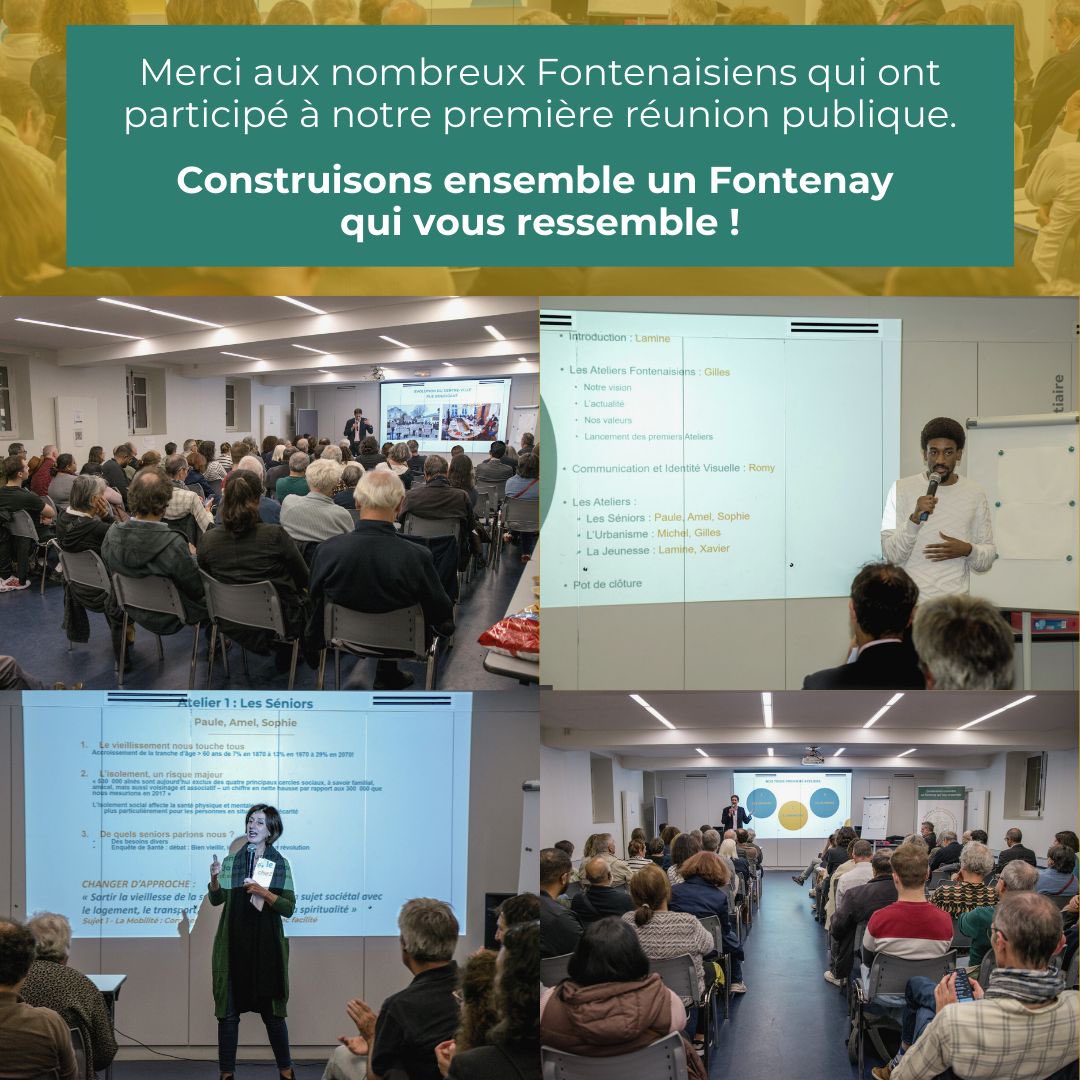 Près de 90 personnes étaient présentes pour cette réunion publique avec la présentation de nos valeurs, nos priorités pour <a href="/fontenay92/">Fontenay-aux-Roses</a> et d’un zoom sur les sujets d’actualité locale. Nous avons annoncé le lancement de trois ateliers : l’urbanisme, les seniors et la jeunesse.