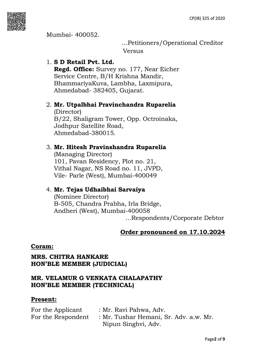 nileshkurhade's tweet photo. 📌 S D Retail Limited informed the exchange about the 'Order passed by NCLT Ahmedabad Court-2 Rejecting the Application filed by Royale King Fashions Private Limited against S D RETAIL LIMITED'. The order was delivered on 17/10/2024. #SME #SDREAMS ⚖️📅 https://t.co/L0zOVXEyeJ