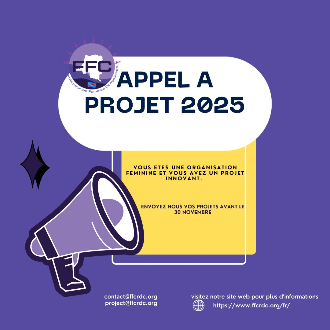 Fanny2Shamamba's tweet photo. 🚨Appel à projet 2025 🇨🇩
Vs êtes une organisation féminine et vos avez un projet innovant, la @ffcrdc se tourne vers vs chères femmes leaders.
Soumettez vos projet avant le 30 Novembre.
Cliquez sur ce lien pour les détails
https://t.co/pX4z88Qxqm
#FemmesLeaders
#AppelAProjet https://t.co/Vobc9pTZnb
