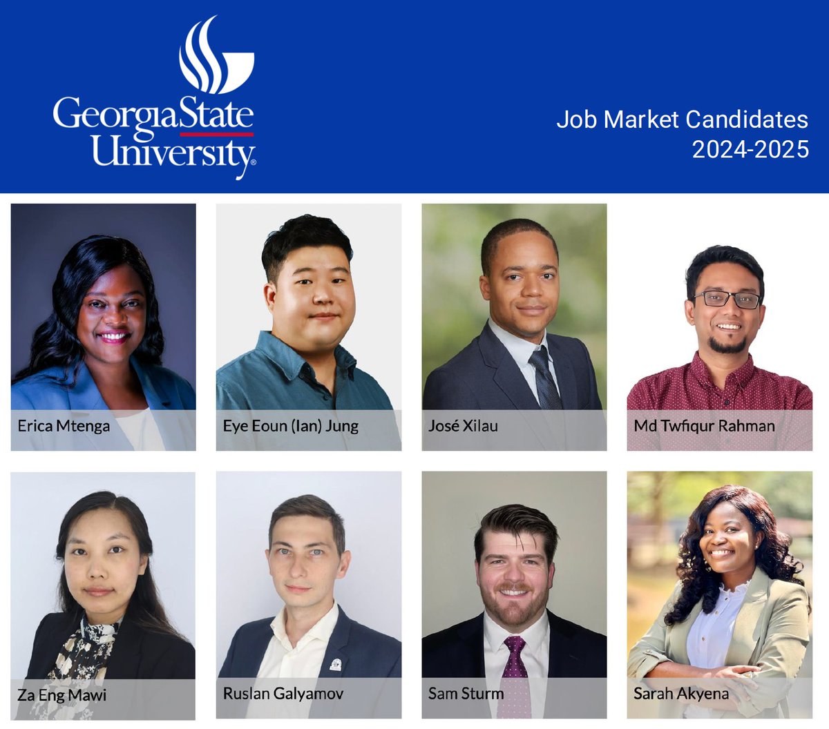 Lauren Hoehn-Velasco (@lhoehnvelasco) on Twitter photo Our GSU Economics department <a href="/GSU_Economics/">Georgia State Economics Dept. and Seminar Series</a> @AYSPS is excited to introduce our 2024-2025 job market candidates! 🎉 #EconTwitter
Below ⬇️ is a short intro to each candidate. For more information, go to aysps.gsu.edu/economics/curr… Our GSU Economics department <a href="/GSU_Economics/">Georgia State Economics Dept. and Seminar Series</a> @AYSPS is excited to introduce our 2024-2025 job market candidates! 🎉 #EconTwitter
Below ⬇️ is a short intro to each candidate. For more information, go to aysps.gsu.edu/economics/curr…