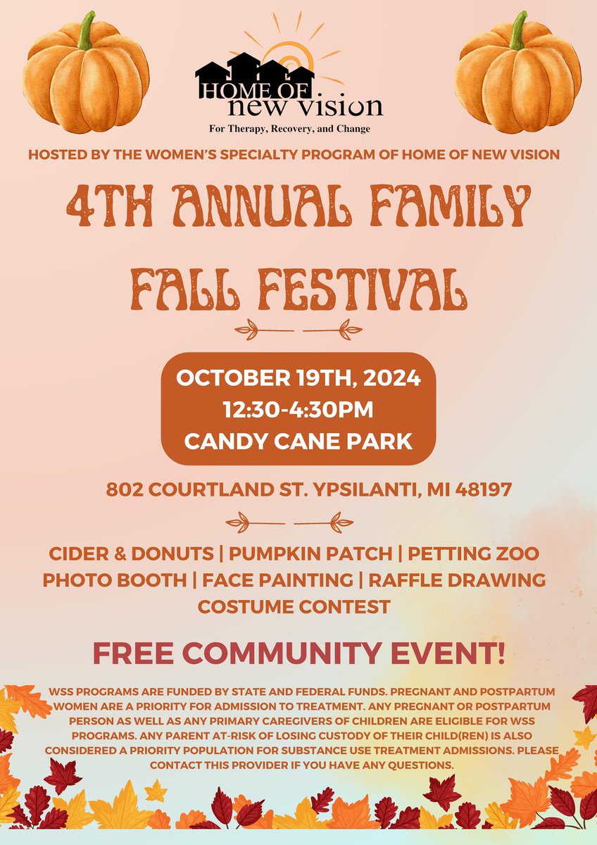 YpsiCity's tweet photo. Saturday, October 19th, is the 4th Annual Family Fall Festival from 12:30 PM to 4:30 PM at Candy Cane Park (802 Courtland St. Ypsilanti). The event will include cider and donuts, a pumpkin patch, a petting zoo, a photo booth, face painting, a raffle drawing, and a costume contest https://t.co/WbbPMNWdkk