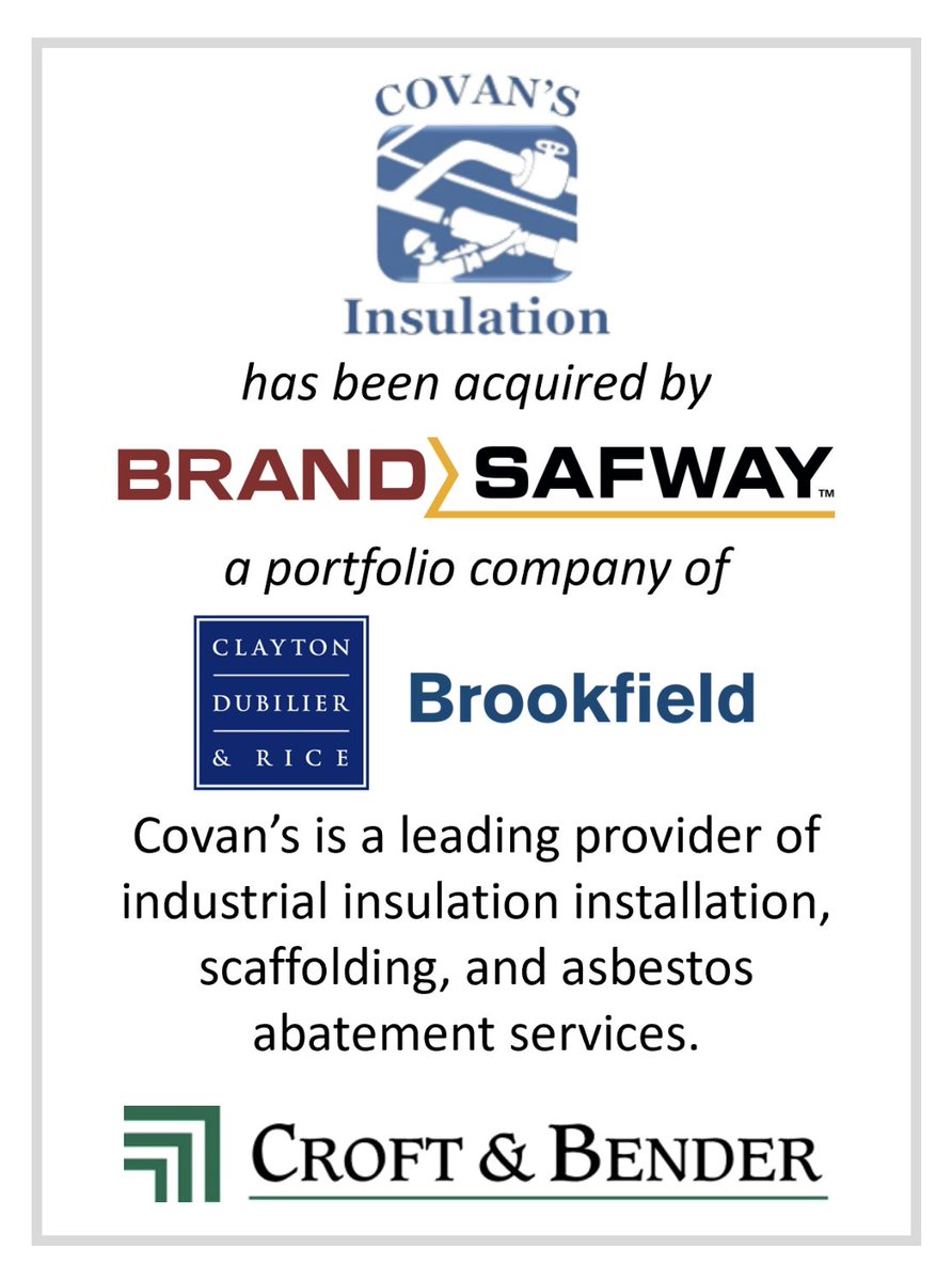 CroftBender's tweet photo. Croft & Bender is excited to announce the successful recapitalization of Covan's Insulation by @brandsafway, a portfolio company of @CDRBuilds and @Brookfield.

Covan's, founded in 1985, is a market leader in industrial insulation, scaffolding, and asbestos abatement services, primarily serving the Carolinas and Georgia.

Croft & Bender was proud to serve as the exclusive financial advisor on this transaction.

#MergersAndAcquisitions #IndustrialServices #Insulation #InvestmentBanking #CroftAndBender