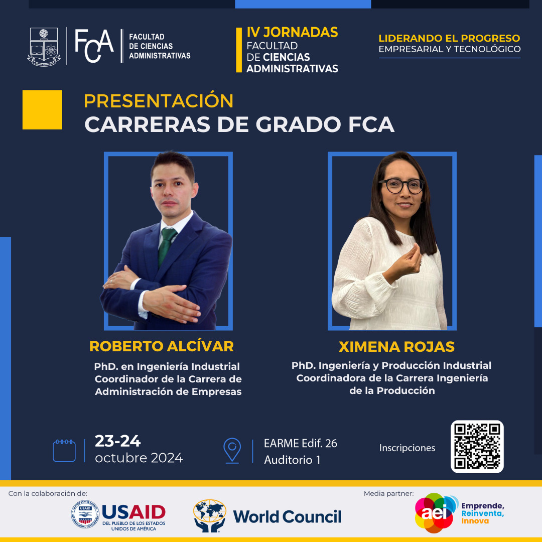 gestioncyt's tweet photo. ¡Conoce las carreras de Administración de Empresas e Ingeniería de Producción! 🎓🔧 

Roberto Alcívar y Ximena Rojas te guiarán en un recorrido por las oportunidades académicas y profesionales que ofrece la FCA. 🚀👨‍🏫

Regístrate en el siguiente enlace: https://t.co/ipwriUpNWT https://t.co/Prz6vPU7Pr