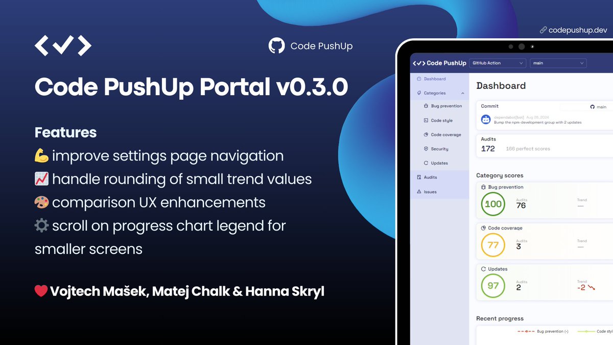 CodePushUp's tweet image. Code PushUp Portal v0.3.0 is live! 🚨

💪 Improved settings navigation
📈 Better rounding for small trend values
🎨 Comparison UX enhancements
⚙️ Scrollable progress chart legend for smaller screens

Want to learn more?
🔗 codepushup.dev

#DevTools #CodeQuality #UX
