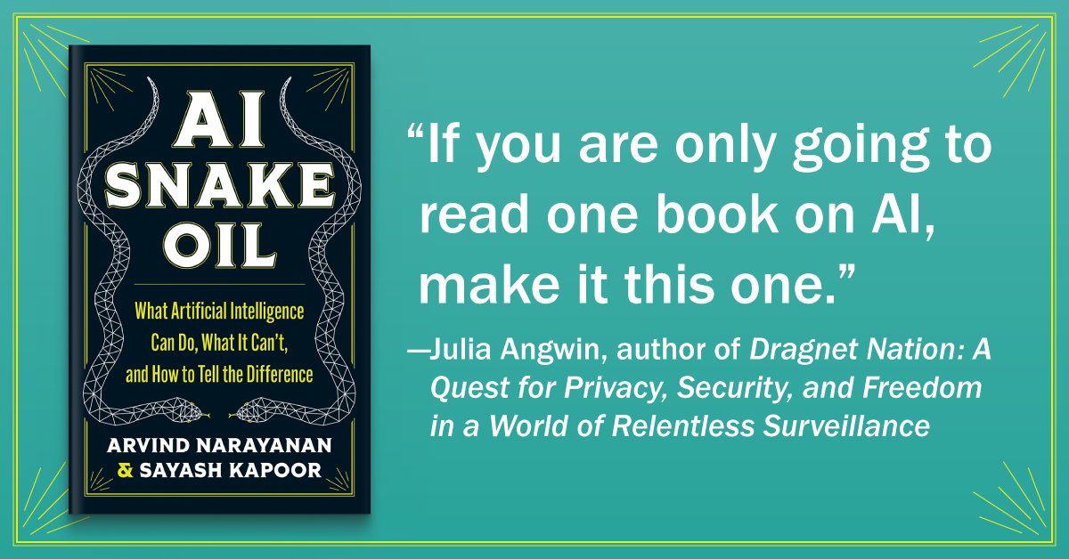 PrincetonUPress's tweet photo. From @random_walker &amp; @sayashk, AI Snake Oil gives you an essential understanding of how AI works and why it often doesn’t—and when you should suspect that companies are using #AI hype to sell AI snake oil.

Enter to win 1 of 10 free copies @goodreads:
https://t.co/5B0BEfBx34 https://t.co/IlVW1zXW5n