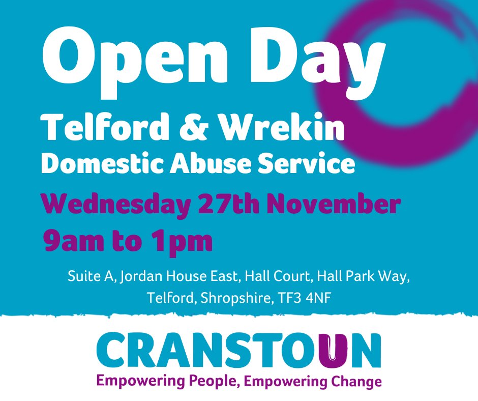 Cranstoun_org's tweet photo. 🙌 Open Day next month! 🙌

You're invited to our Telford &amp; Wrekin Domestic Abuse Service offices to meet the team, learn about our work and meet some victim-survivors we have supported. We'd love to see members of the public and professionals who want to learn more about us! 😁 https://t.co/tRubfejwVx