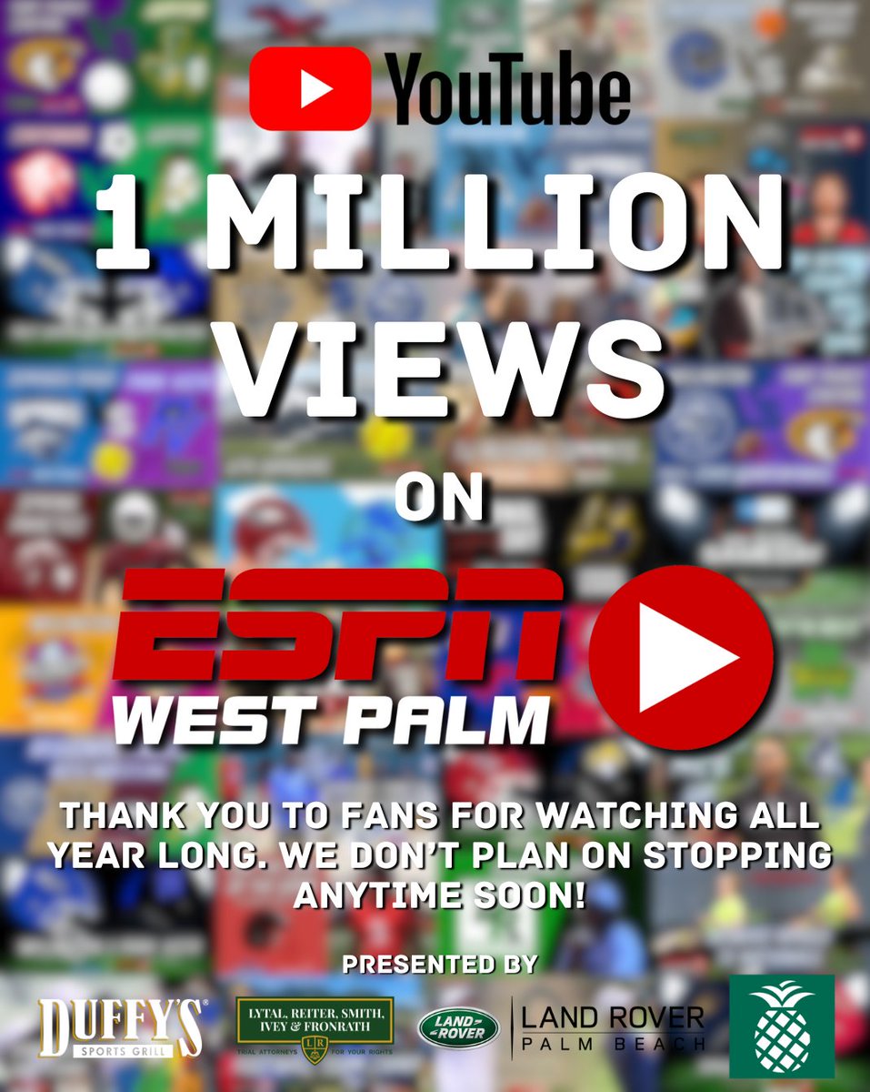 ESPNWestPalm's tweet photo. 🎉 ONE MILLION VIEWS ON YOUTUBE 🎉

Ten months in, and we are still running strong! Thank you to everyone for watching and subscribing to ESPN West Palm PLAY!

#onemillion https://t.co/2hGHfxhmKn