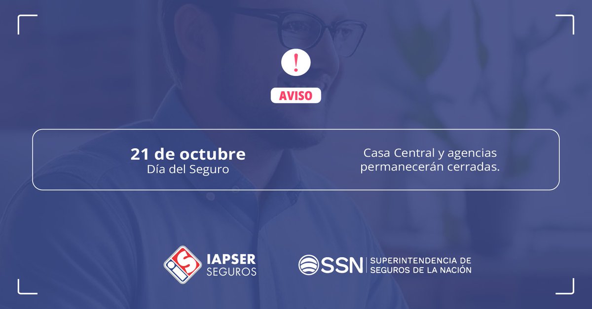 IAPSERoficial's tweet photo. 📆 El día lunes 21 será un día «no laborable» para nuestra compañía de seguros. ⁣
Dicho feriado corresponde al #DíadelSeguro en Argentina, el cual se celebra cada 21 de octubre.⁣

#IAPSERseguros #Seguros #Argentina https://t.co/7fWsBJHRm2