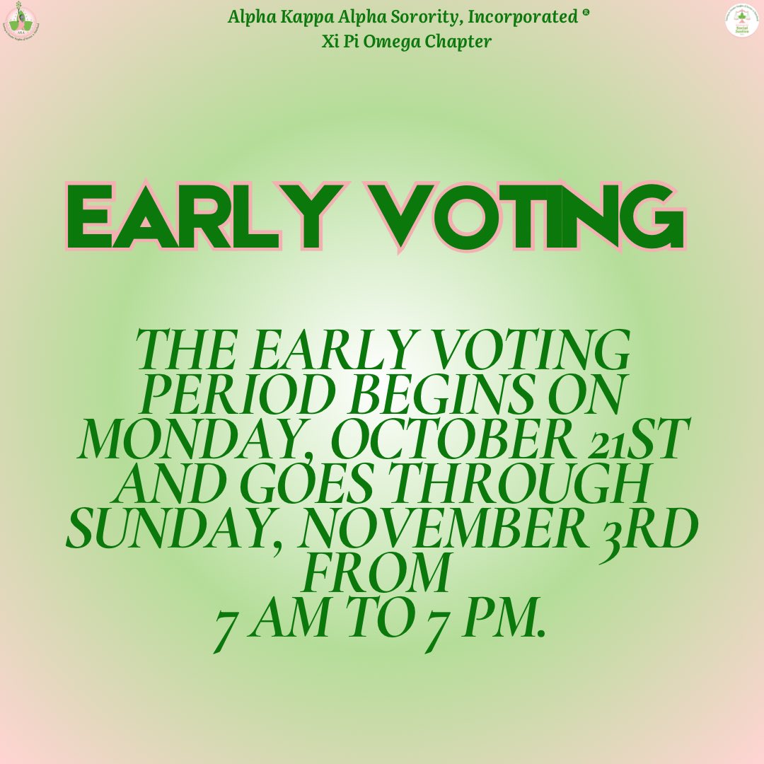 XiPiOmegaAKA's tweet photo. On behalf of Alpha Kappa Alpha Sorority, Inc.® Xi Pi Omega Chapter: Your vote is your voice—make it count!🩷💚

#XiPiOmega #AKA1908 #PalmBeachVotes #GetOutTheVote https://t.co/LOzjMt8Kz0
