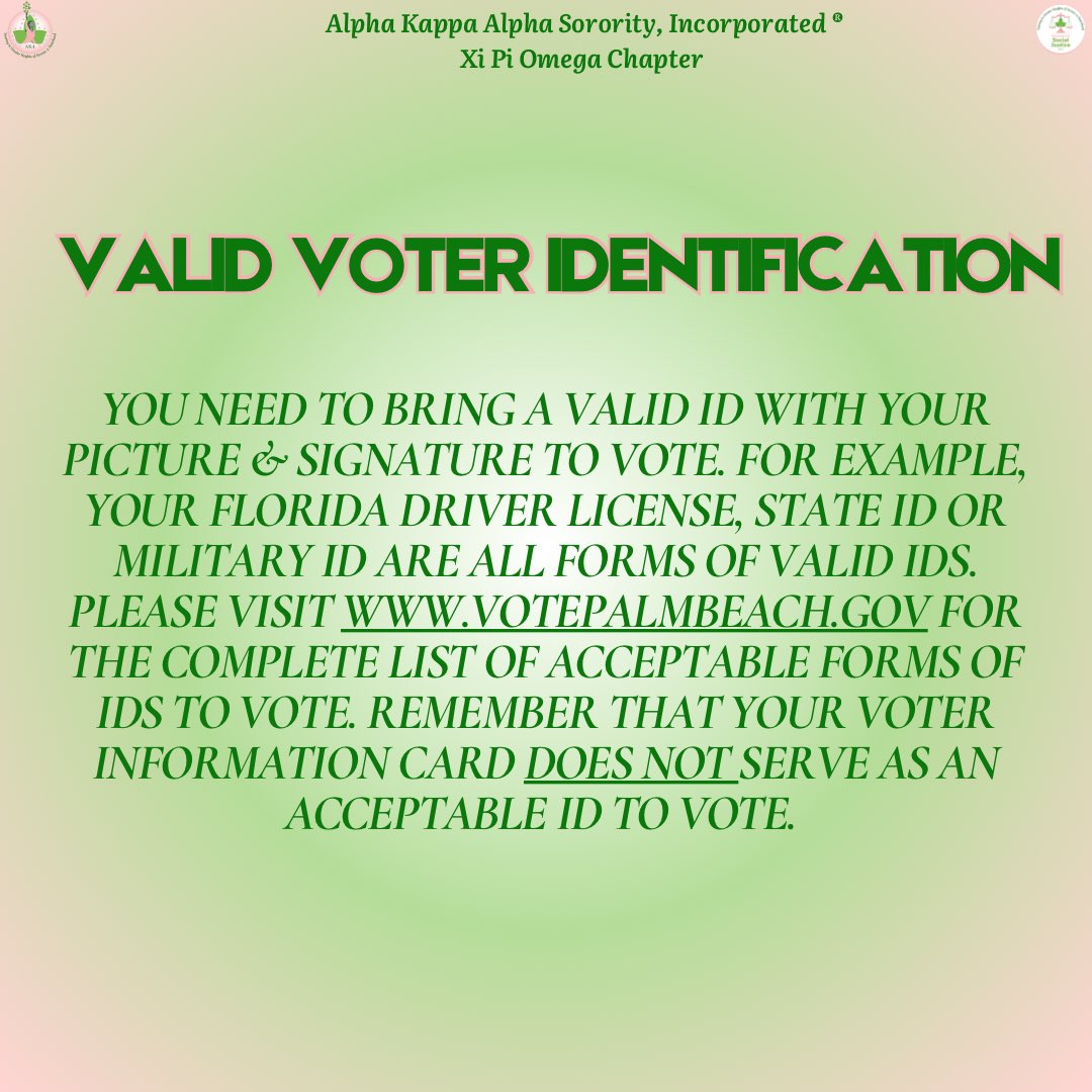 XiPiOmegaAKA's tweet photo. On behalf of Alpha Kappa Alpha Sorority, Inc.® Xi Pi Omega Chapter: Your vote is your voice—make it count!🩷💚

#XiPiOmega #AKA1908 #PalmBeachVotes #GetOutTheVote https://t.co/LOzjMt8Kz0