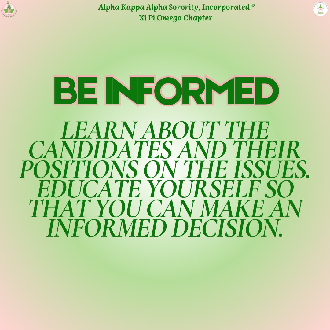 XiPiOmegaAKA's tweet photo. On behalf of Alpha Kappa Alpha Sorority, Inc.® Xi Pi Omega Chapter: Your vote is your voice—make it count!🩷💚

#XiPiOmega #AKA1908 #PalmBeachVotes #GetOutTheVote https://t.co/LOzjMt8Kz0