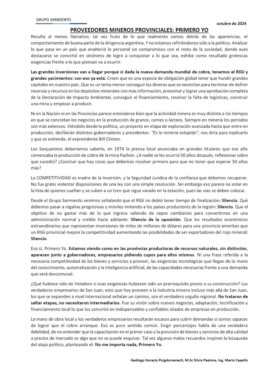 🪶 El Grupo Sarmiento fija su posición respecto de una posible norma provincial que reglamente el cupo local para proveedores mineros.

“Proveedores mineros provinciales: primero yo”

📄Comunicado del <a href="/GSarmiento_Ar/">Grupo Sarmiento</a>