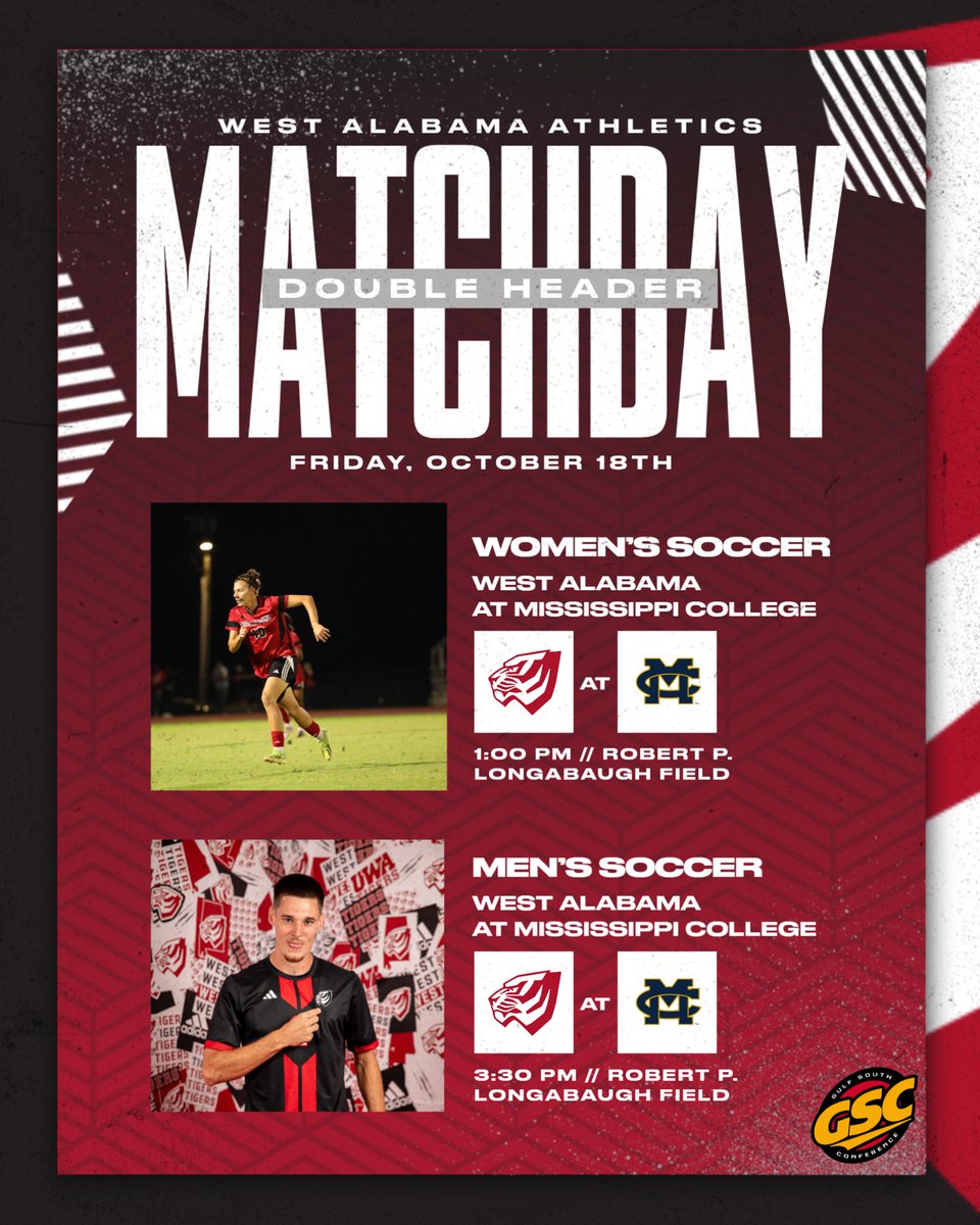 UWAAthletics's tweet photo. Big time double header in Clinton‼️

⚽️: vs Mississippi College
⌚️: 1:00/3:30 PM
📍: Clinton, Mississippi 
📺: FloFc
WSOC 📊: https://t.co/9zsuygq4fB
MSOC 📊: https://t.co/oRKWneCQ6D https://t.co/zf9qssaA5W