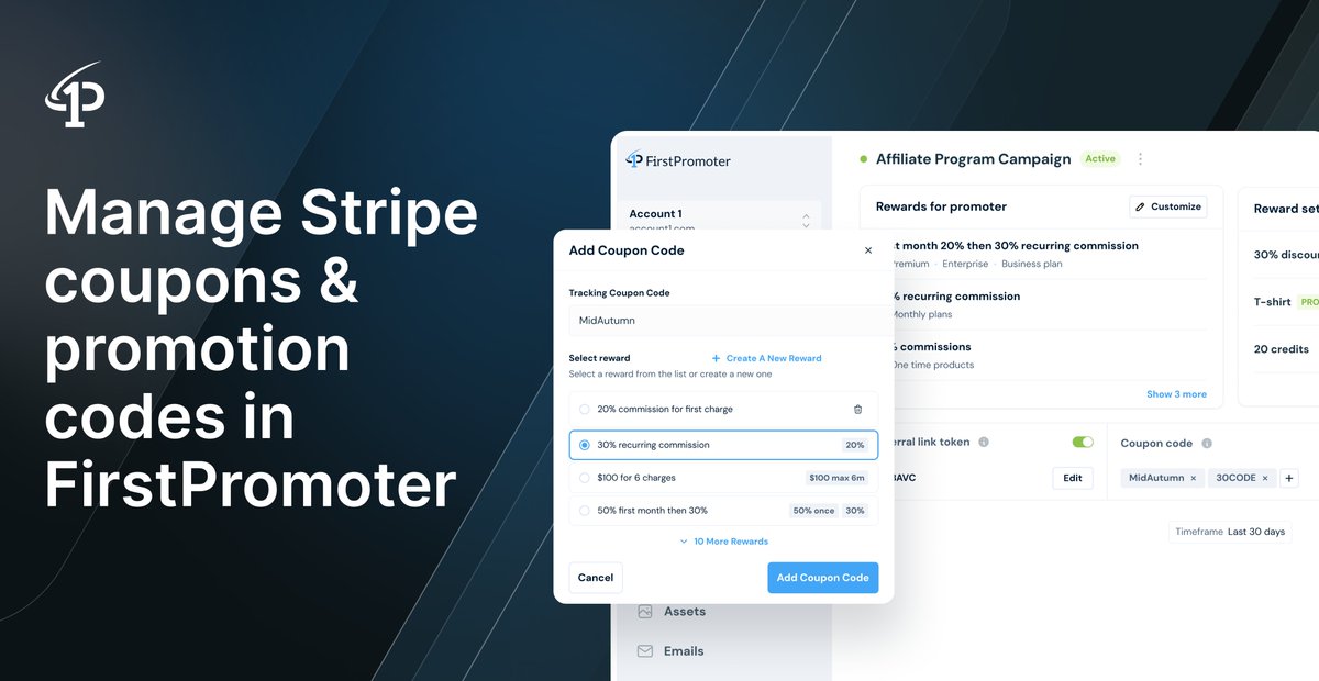 Now you can manage Stripe coupons and promotion codes directly from FirstPromoter dashboard, without accessing Stripe's website. In short, you can:

🔵 Create Stripe coupons directly within the platform
🔵 Assign multiple coupons to each affiliate
🔵 Let affiliates customize or