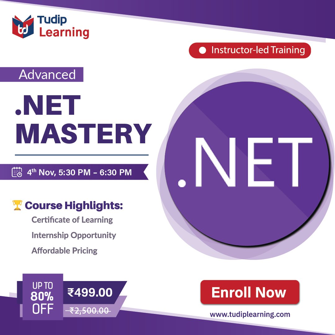 tudiplearning's tweet photo. Master .NET: Transform Your Skills for Impactful Development
Join us for an insightful session on .NET Mastery, November 4th, from 5:30 PM to 6:30 PM!
Elevate your .NET programming skills today.
Enroll Now: https://t.co/iZ9mdIwZGj https://t.co/H26pyX71aV
