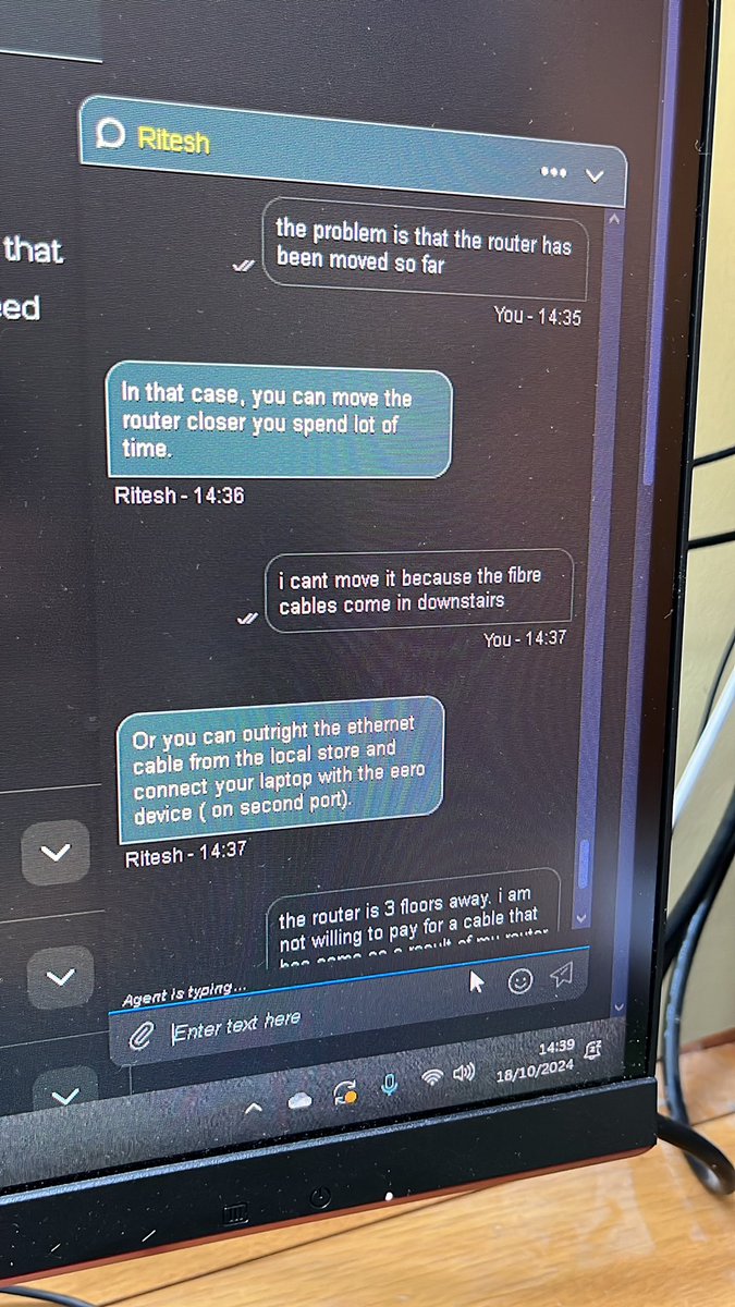 Luca_marcoz's tweet photo. great service from @TalkTalk 

moved my router several floors away because its most convenient to them and wont put it back to where it was. there was a reason we got another router: so it could be on the top floor rather than on the same floor as the other router we have. https://t.co/7MBeiWJLKD