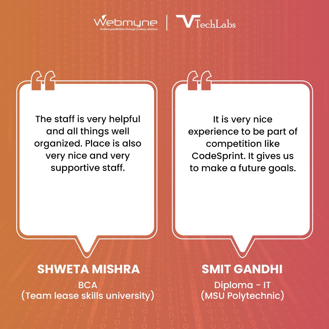 webmynecom's tweet image. From tackling challenging problems to learning new skills, students shared their excitement and gratitude for the journey. A big thank you to all participants for making this event a success! 💻🙌

#CodeSprint2024 #StudentFeedback #TechLearning #Webmyne #VTechLabs