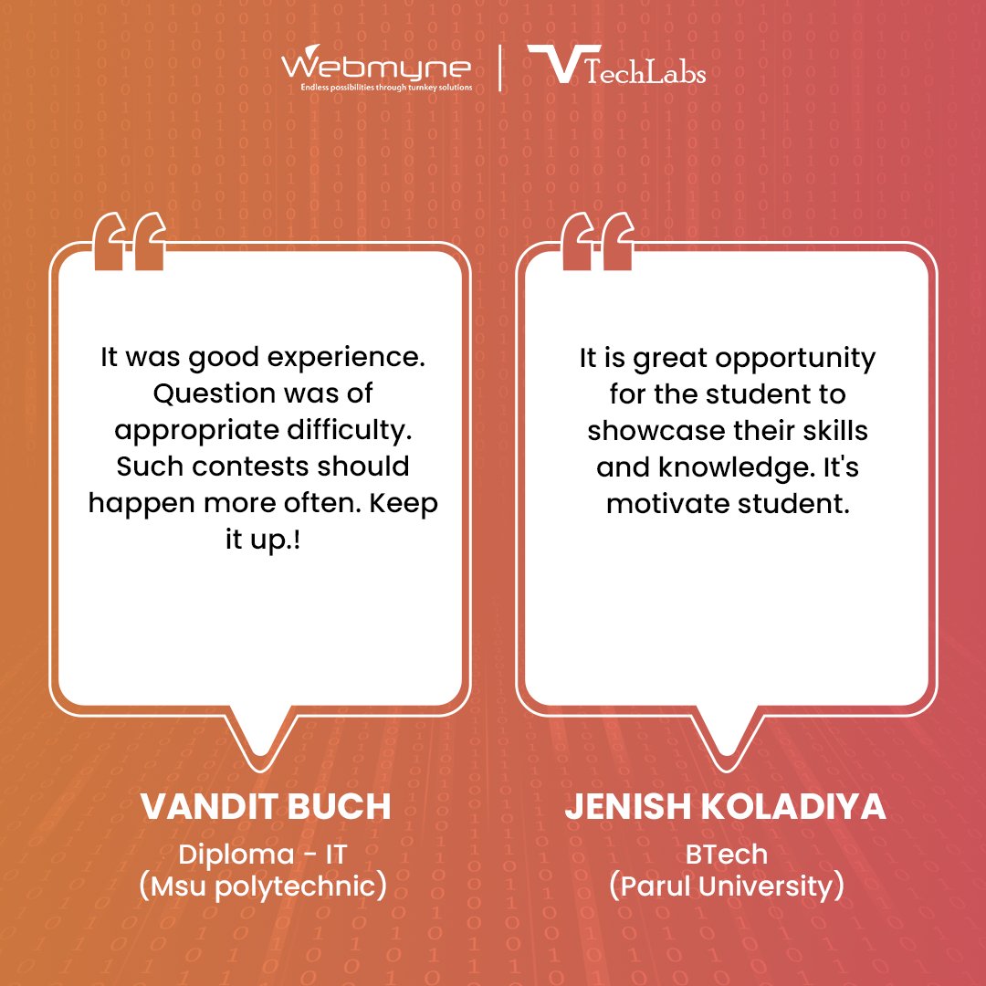 webmynecom's tweet image. From tackling challenging problems to learning new skills, students shared their excitement and gratitude for the journey. A big thank you to all participants for making this event a success! 💻🙌

#CodeSprint2024 #StudentFeedback #TechLearning #Webmyne #VTechLabs