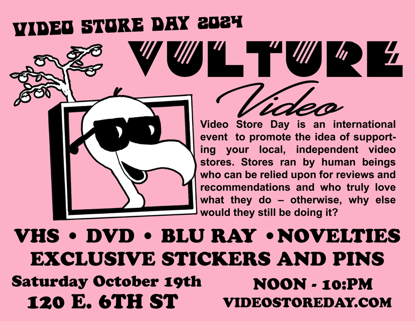 Vulvid's tweet photo. Saturday 10/19 is Video Store Day! Come by from noon to 10:pm to pick up some movies, a sticker or a pin, or to just acknowledge the volunteers that keep the store open.#videostoreday https://t.co/SHDdA4jofS